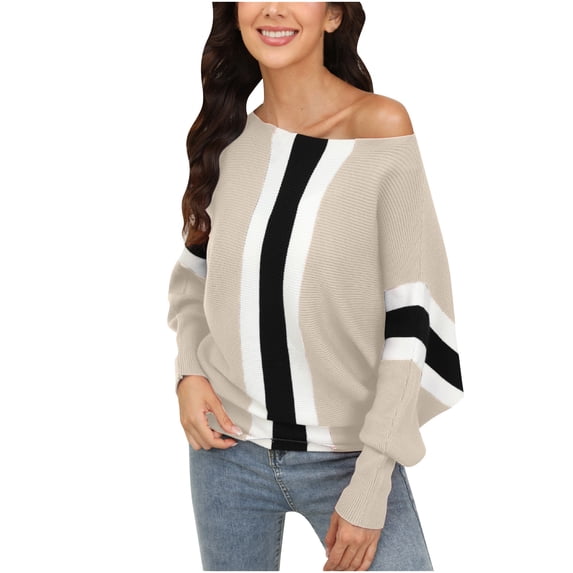 TFEOQRY Pullover Sweater for Women Striped Color Block Knitwear Long Sleeved Round Neck Sweater Top Khaki