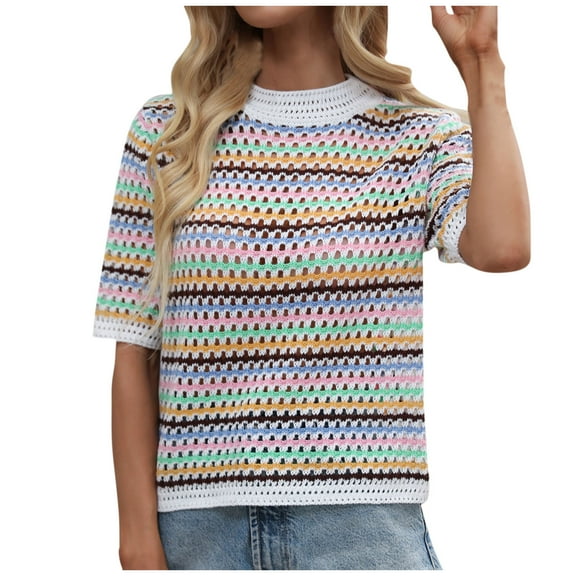 TFEOQRY Pullover Sweater for Women Striped Hollow Knit Wear Long Sleeved Round Neck Sweater Top White