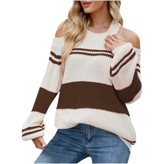 TFEOQRY Pullover Sweater for Women Striped off Shoulder Knitwear Long Sleeved Round Neck Sweater Top Coffee
