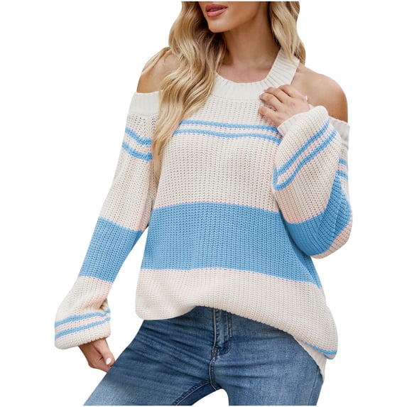 TFEOQRY Pullover Sweater for Women Striped off Shoulder Knitwear Long Sleeved Round Neck Sweater Top Sky Blue