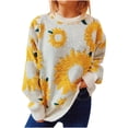 thumbnail image 1 of TFEOQRY Pullover Sweater for Women Sunflower Printed Jacquard Knitwear Long Sleeved Round Neck Sweater Top Yellow, 1 of 9