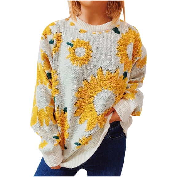 TFEOQRY Pullover Sweater for Women Sunflower Printed Jacquard Knitwear Long Sleeved Round Neck Sweater Top Yellow