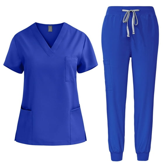 TFEOQRY Scrub Sets for Woman Drawstring Long Pants V Neckline Medical Nursing Uniform Soft Stretch Scrubs Top and Jogger Pants with Pockets-Blue
