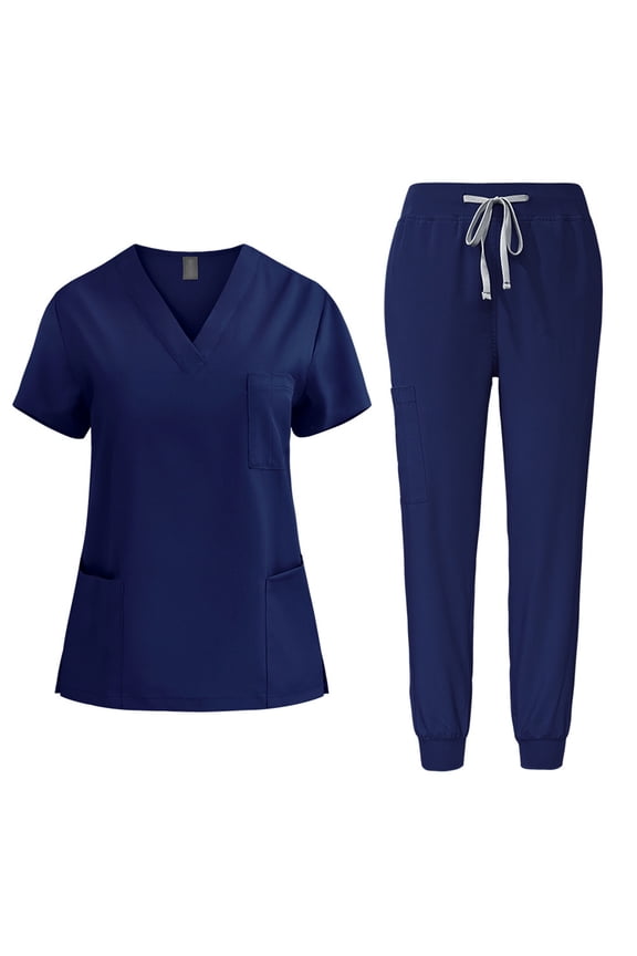 Scrub Sets for Woman Drawstring Long Pants V Neckline Medical Nursing Uniform Soft Stretch Scrubs Top and Jogger Pants with Pockets-Navy