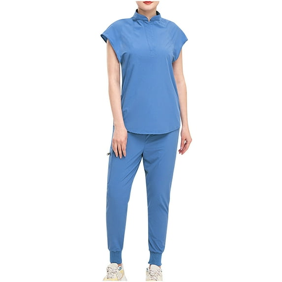 TFEOQRY Scrubs Set for Women V-Neck Stretch Scrub Top and Drawstring Jogger Pants with Pockets Solid Color Short Sleeve Long Pants Work Suit-Sky Blue