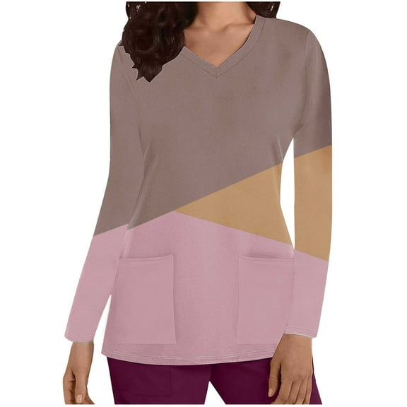 TFEOQRY Scrubs for Women Color Block Medical Nursing Uniform Contrast Color Long Sleeve V-Neck Pocket Nursing Top-Brown