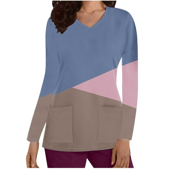 TFEOQRY Scrubs for Women Color Block Medical Nursing Uniform Contrast Color Long Sleeve V-Neck Pocket Nursing Top-Navy