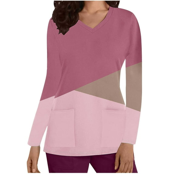 TFEOQRY Scrubs for Women Color Block Medical Nursing Uniform Contrast Color Long Sleeve V-Neck Pocket Nursing Top-Pink