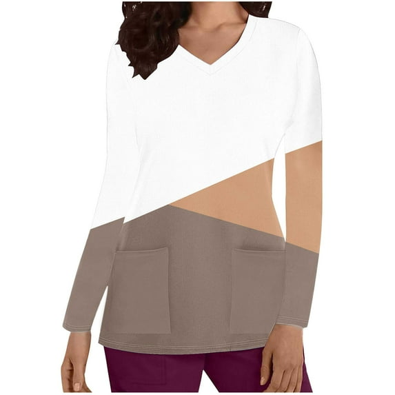 TFEOQRY Scrubs for Women Color Block Medical Nursing Uniform Contrast Color Long Sleeve V-Neck Pocket Nursing Top-White