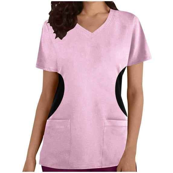 TFEOQRY Scrubs for Women V-Neck Medical Nursing Uniform with Pockets Solid Color Splicing Working Uniform Printing Blouse Tops-Pink