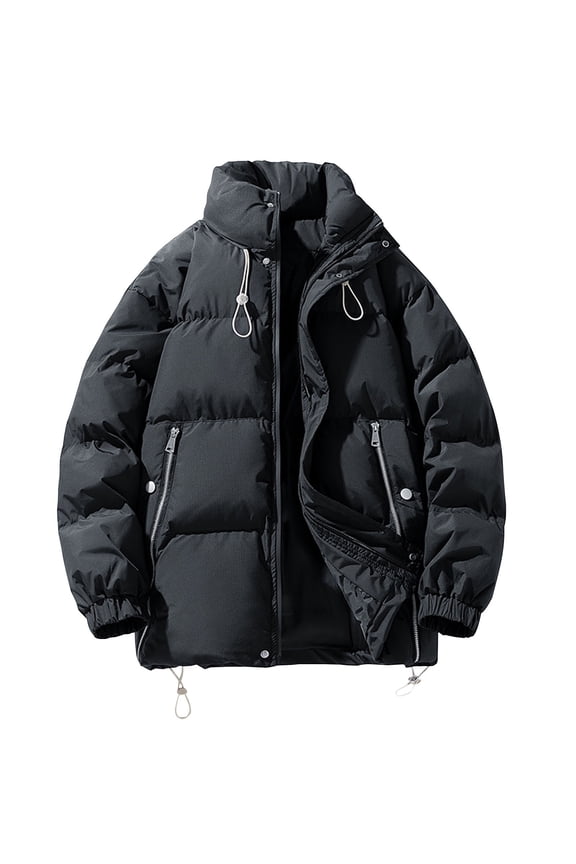 Short Hoodless Parkas for Men Casual Solid Color Zipper Padded Coats with Pockets Strap Button Long Sleeves Cotton Jacket Black
