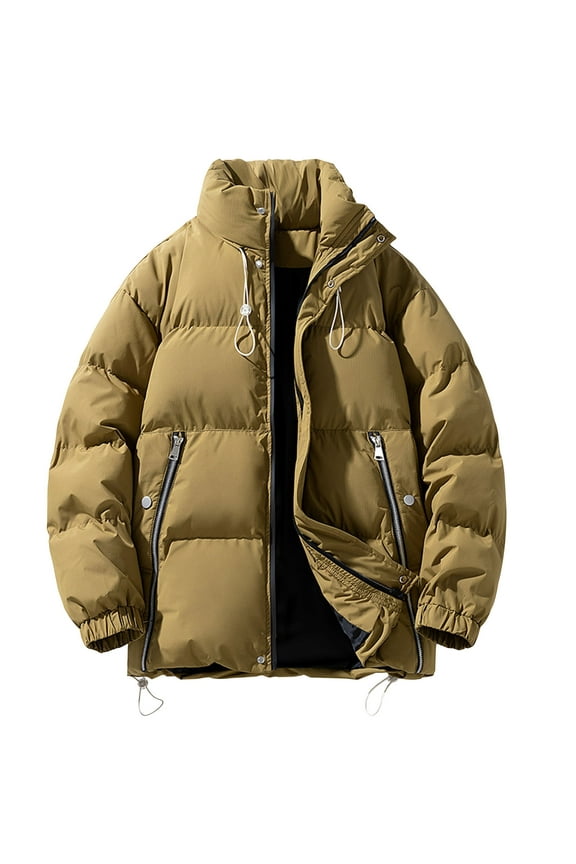 Short Hoodless Parkas for Men Casual Solid Color Zipper Padded Coats with Pockets Strap Button Long Sleeves Cotton Jacket Coffee