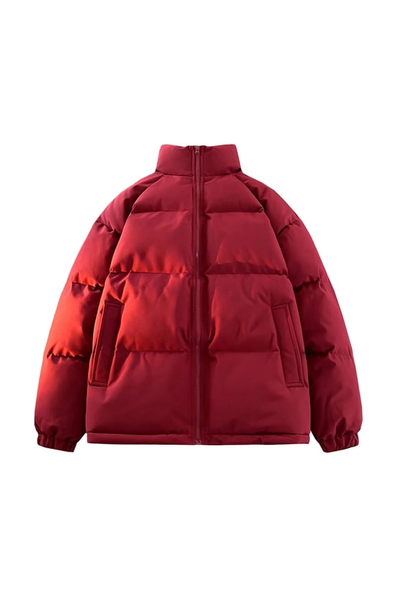 Short Padded Coats Jacket for Men Solid Color Stand Collar Long Sleeves Hoodless Zipper Casual Coat Burgundy