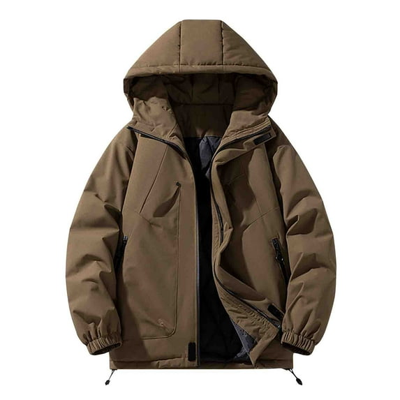 TFEOQRY Short Padded Coats for Men Casual Pocket Zipper Hooded Jacket Long Sleeves Cotton Loose Coat Khaki