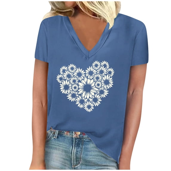 TFEOQRY Short Sleeve V-Neck Shirts for Women Fashion Flower Heart Printed Casual T-Shirt Tops Blouses Blue