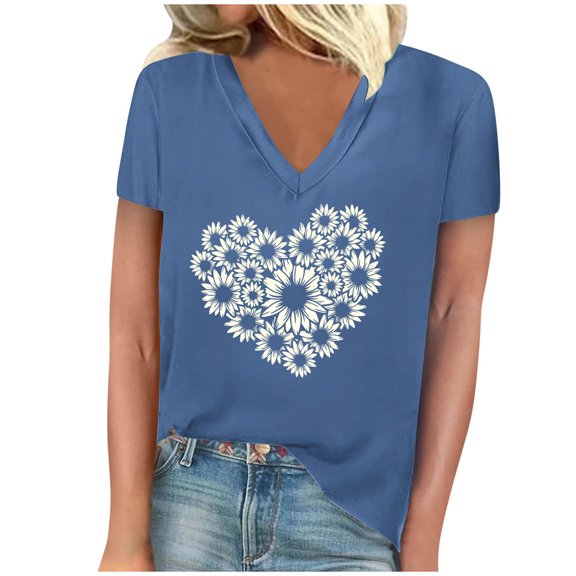 TFEOQRY Short Sleeve V-Neck Shirts for Women Fashion Flower Heart Printed Casual T-Shirt Tops Blouses Blue