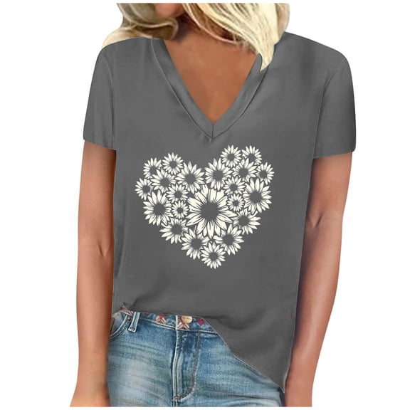 TFEOQRY Short Sleeve V-Neck Shirts for Women Fashion Flower Heart Printed Casual T-Shirt Tops Blouses Gray