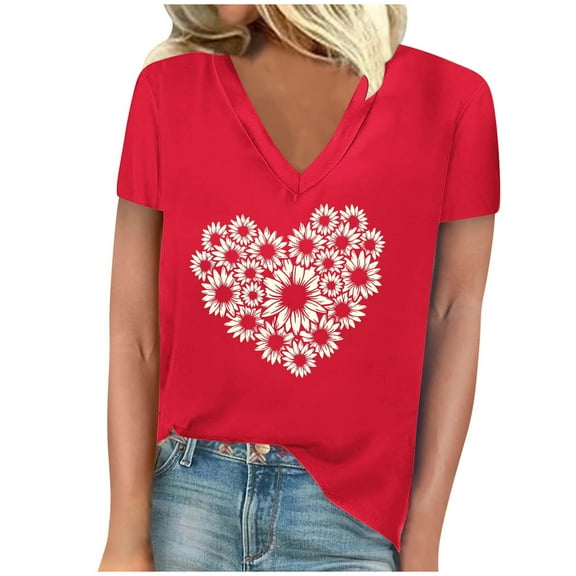 TFEOQRY Short Sleeve V-Neck Shirts for Women Fashion Flower Heart Printed Casual T-Shirt Tops Blouses Red