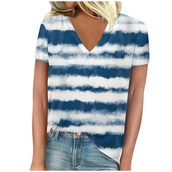 TFEOQRY Short Sleeve V-Neck Shirts for Women Fashion Tie-Dye Printed Casual T-Shirt Tops Blouses Navy