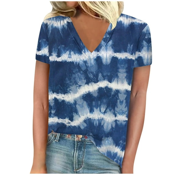 TFEOQRY Short Sleeve V-Neck Shirts for Women Fashion Tie-Dye Printed Casual T-Shirt Tops Blouses Navy