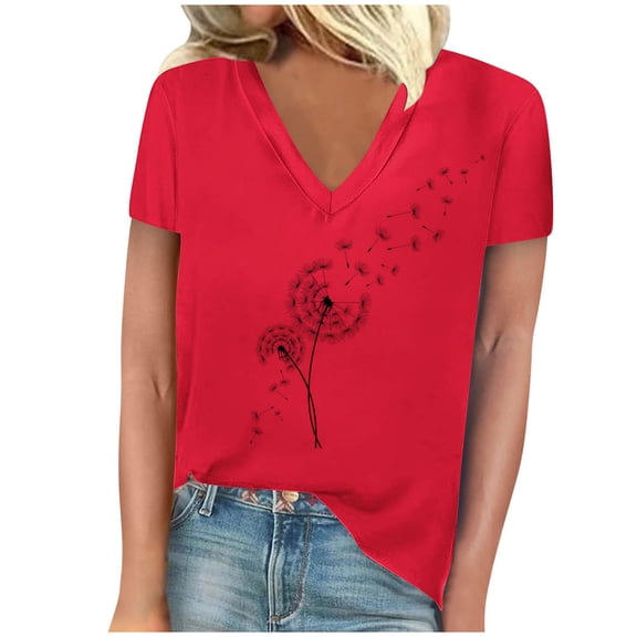 TFEOQRY Short Sleeve V-Neck Shirts for Women Women's Dandelion Printed Casual T-Shirt Tops Blouses Red