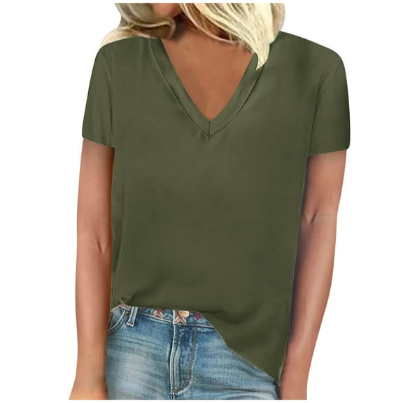 TFEOQRY Solid Color V-Neck T-Shirt Tops for Women Fashion Short Sleeved Casual Blouses Shirts Olive Green