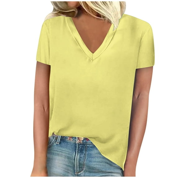 TFEOQRY Solid Color V-Neck T-Shirt Tops for Women Fashion Short Sleeved Casual Blouses Shirts Yellow