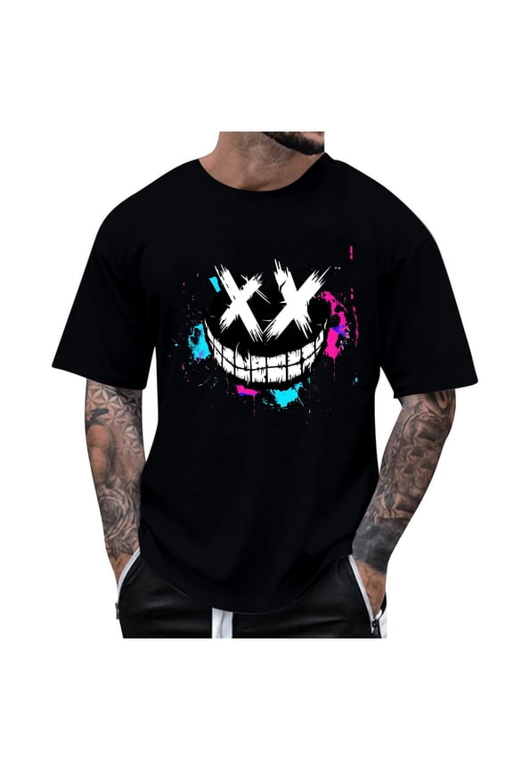 Summer Men's Round Neck T-Shirt Fashion Casual Smiling Face Printed T-Shirt Top Black