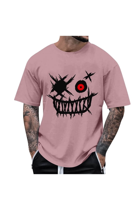 Summer Men's Round Neck T-Shirt Fashion Casual Smiling Face Printed T-Shirt Top Pink