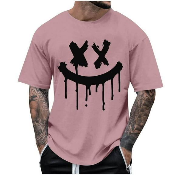 TFEOQRY Summer Men's Round Neck T-Shirt Fashion Casual Smiling Face Printed T-Shirt Top Pink