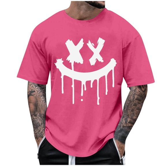 TFEOQRY Summer Men's Round Neck T-Shirt Fashion Casual Smiling Face Printed T-Shirt Top Red