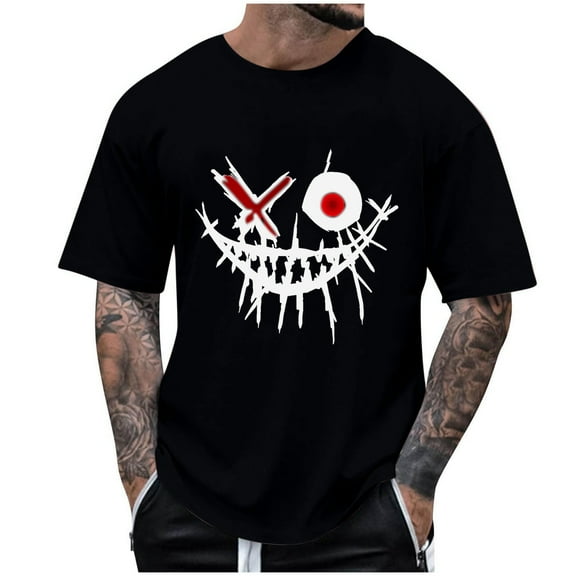 TFEOQRY Summer Round Neck T-Shirt for Men Fashion Casual Smiling Face Printed T-Shirt Top Black