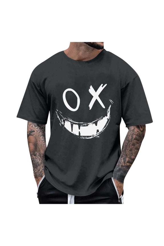 Summer Round Neck T-Shirt for Men Fashion Casual Smiling Face Printed T-Shirt Top Gray