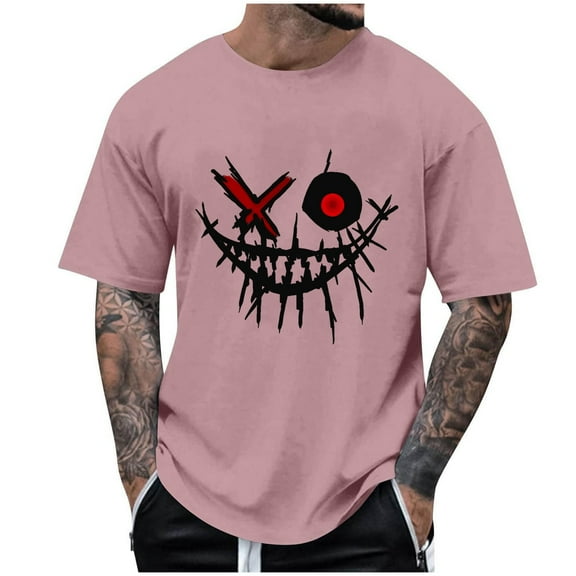 TFEOQRY Summer Round Neck T-Shirt for Men Fashion Casual Smiling Face Printed T-Shirt Top Pink