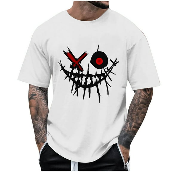 TFEOQRY Summer Round Neck T-Shirt for Men Fashion Casual Smiling Face Printed T-Shirt Top White