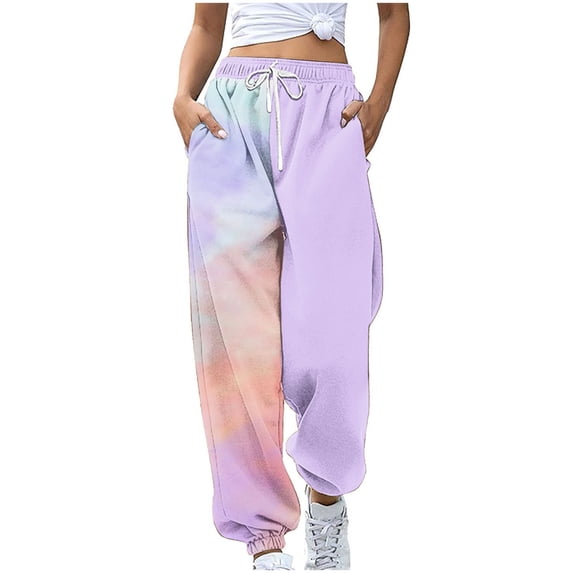 TFEOQRY Sweat Pants for Womens Wofashion Printing Pockets Elastic Waist Drawstring Fallow Full Length Pants Purple