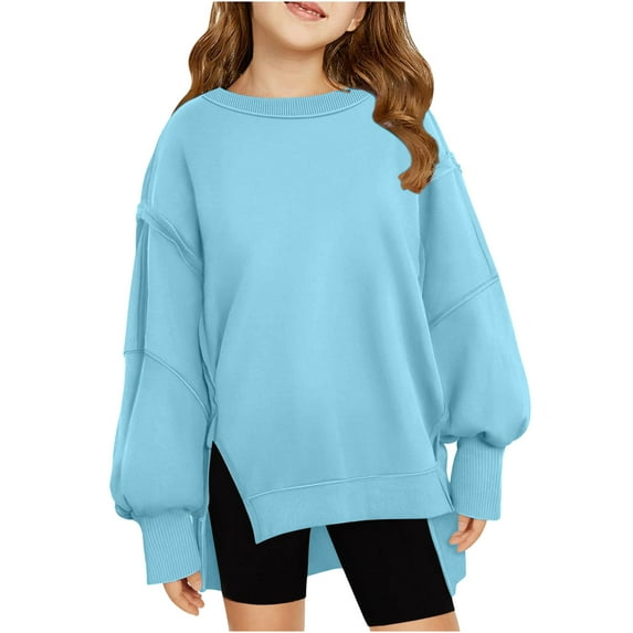 TFEOQRY Teen Middle Big Girls Solid Color Crewneck Sweatshirt Long Sleeve Hoodless Pullover Sweatshirts with Irregular Slit Hem Light Blue