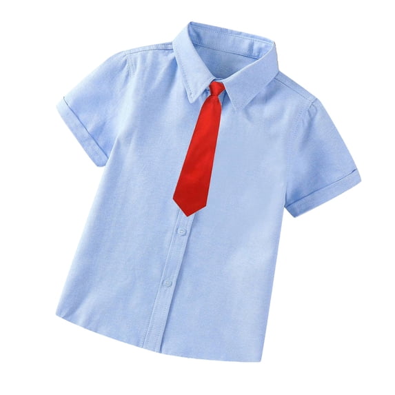 TFEOQRY Toddler Boys Cotton Dress Shirt Toddler Fashion Short Sleeve Blouse Solid Color Gentleman's School Uniform Shirt Tie Suit Blue