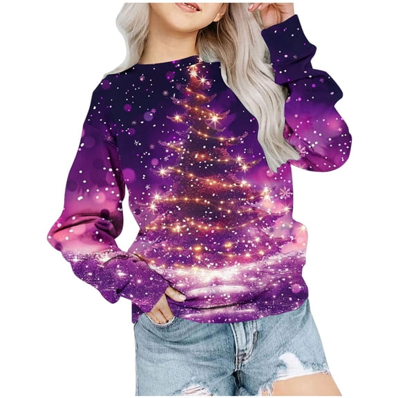 TFEOQRY Toddler Boys and Girls Christmas Sweatshirts Christmas Tree Printed Long Sleeve Hoodless Sweatshirt Purple