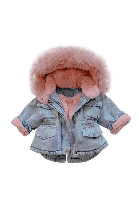 Toddler Child Baby Girl Jackets Thick Denim Jacket with Added Fleece Long Sleeve Hoodless Overcoat Pink