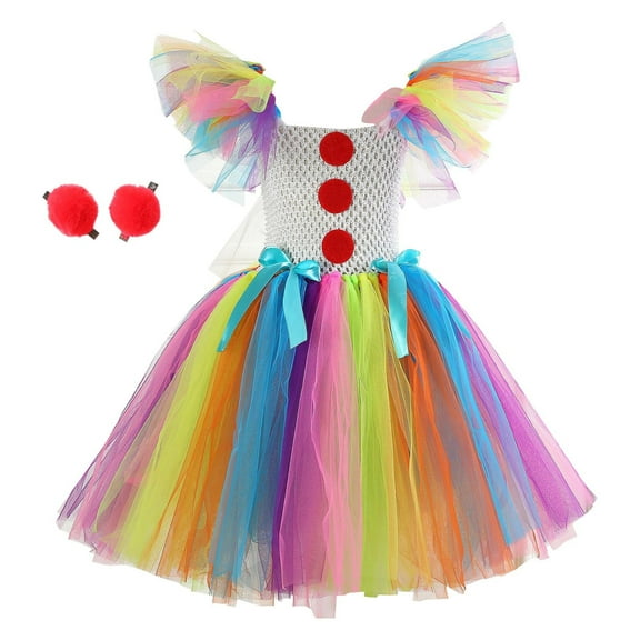 TFEOQRY Toddler Children's Clown Outfit Color Block Set Dress with Hair Clips Sleeves Carnival Party Purple