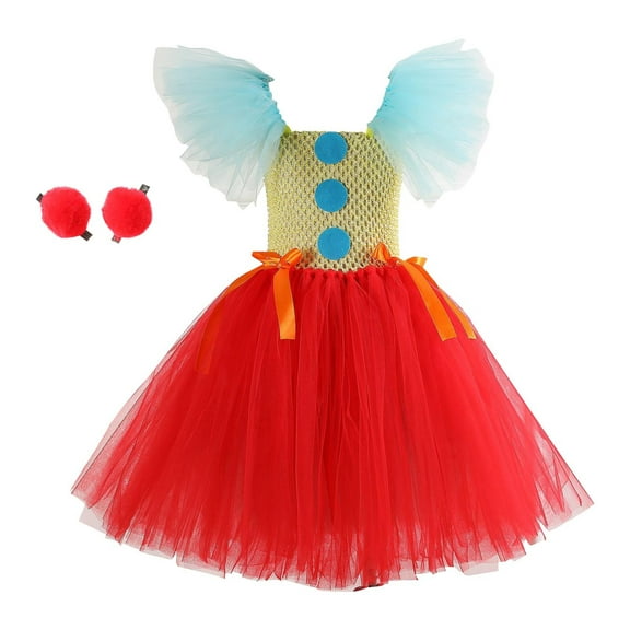 TFEOQRY Toddler Children's Clown Outfit Color Block Set Dress with Hair Clips Sleeves Carnival Party Red