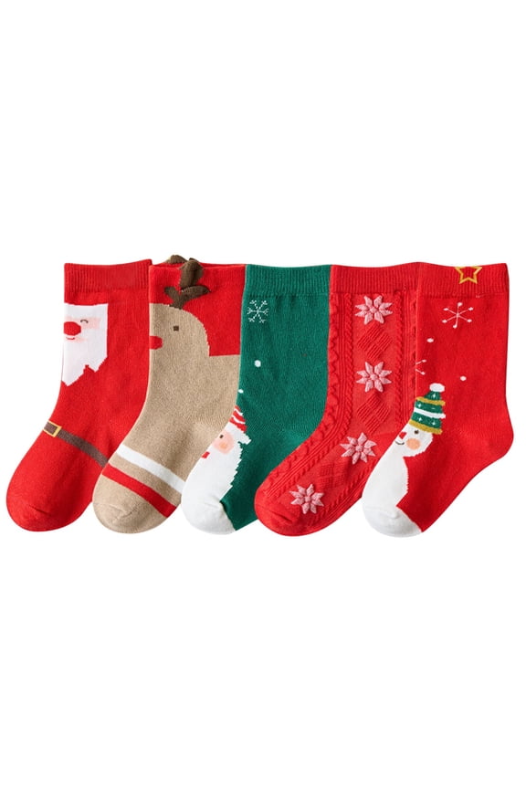 Toddler Christmas 5 Pairs of Comfortable Baby Socks Snowman Reindeer Printed Non Slip Cotton Socks Red