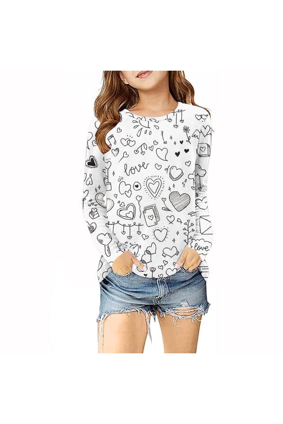Toddler Girls Long Sleeve Interest Graffiti Prints Shirts Cute Crewnecks Tops Casual Blouses Clothes