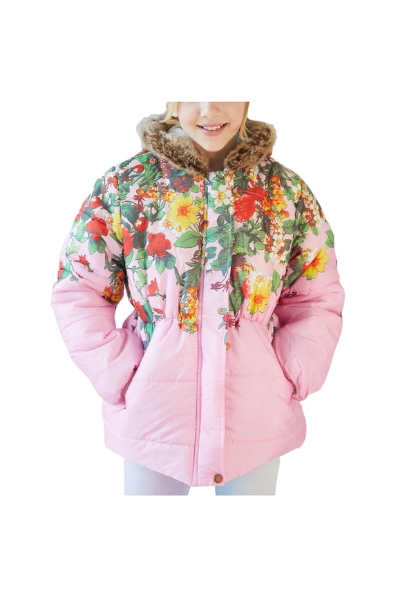 Toddler Girls Padded Coats Winter Coat Toddler Baby Floral Print Jacket Parkas Hoodies Tops Kids Winter Thick Warm Windproof Coat Outwear Jackets Pink