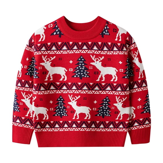 TFEOQRY Toddler Girls and Boys Christmas Sweater Pullover Christmas Deer Jacquard Long Sleeve Round-Neck Knit Sweater Red