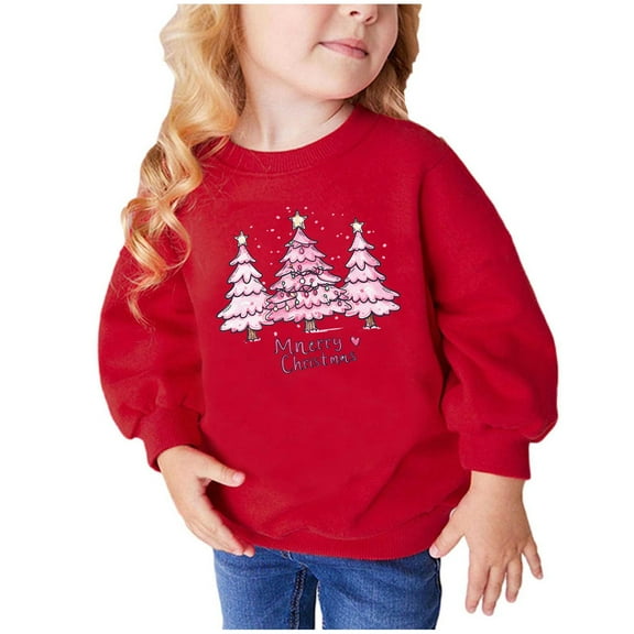 TFEOQRY Toddler Girls and Boys Christmas Sweatshirts Christmas Tree Printing Long Sleeve Hoodless Sweatshirt Red