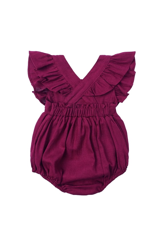 Toddler Jumpsuit Soft Romper Cute Ruffled Backless Bodysuit Short Sleeved One-Pieces Burgundy