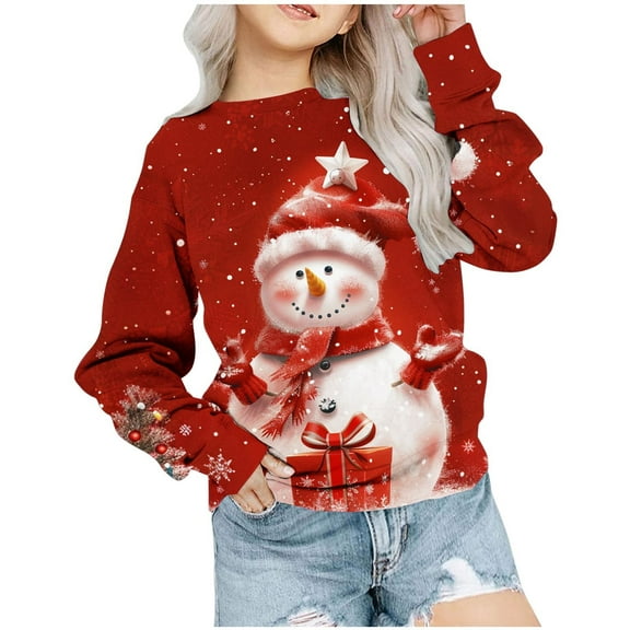 TFEOQRY Toddler Long Sleeve Hoodless Christmas Sweatshirts for Boys and Girls Cute Cartoon Christmas Snowman Printed Sweatshirt Red