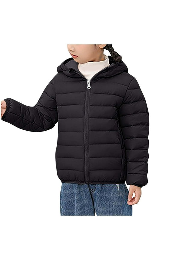 Tween Boys Girls Parkas Padded Coats Fashion Solid Color Lightweight Down Cotton Jacket Long Sleeved Hooded Casual Jacket Black